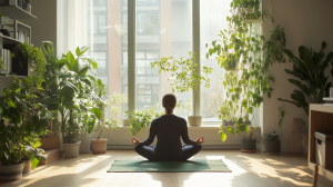 Güneşli ev ofisinde meditasyon yapan kişi, yeşil bitkiler ve minimalist dekorla sakin ve huzurlu ortam, stres azaltma.