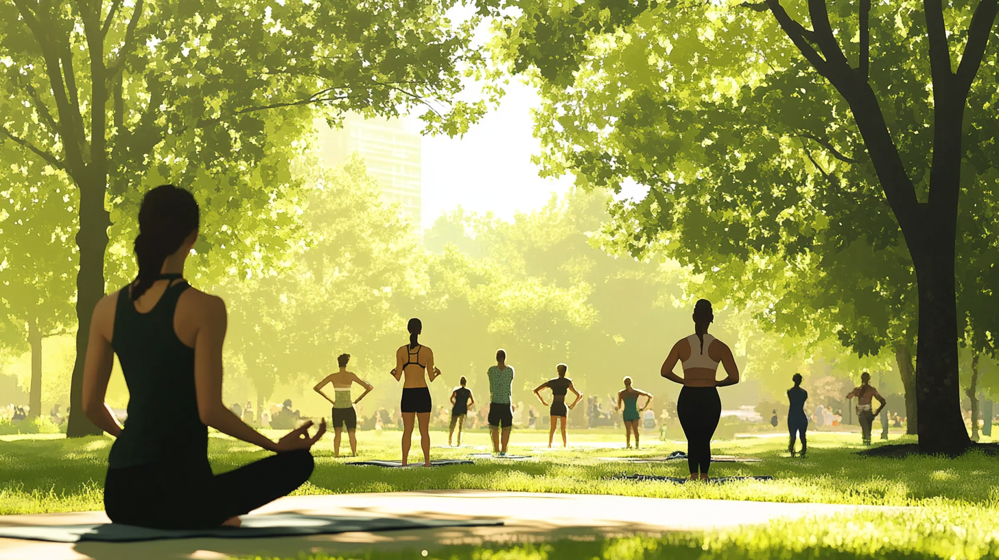 Güneşli parkta yoga ve yürüyüş yapan çeşitli insanlar, yeşillikler içinde sakin ve doğal stres hafifletici ortam.