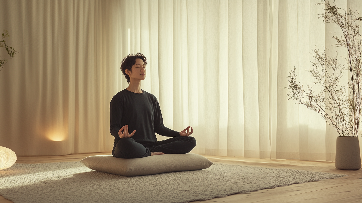 İç mekanda meditasyon yapan, gözleri kapalı, yumuşak doğal ışık ve minimalist dekor eşliğinde rahat oturuşta kişi.