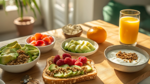 Parlak, modern mutfakta ahşap masada taze meyve kaseleri, tam tahıllı tost avokadoyla, yoğurt ve granola, taze portakal suyu ile sağlıklı kahvaltı.